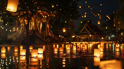 Fototapeta premium Magical Floating Lanterns Lighting Up the Tranquil Nighttime Waterscape of Songkran Festival