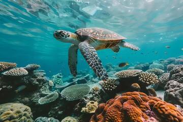 Obraz na płótnie Canvas majestic sea turtle gliding through vibrant coral reef underwater wildlife photography