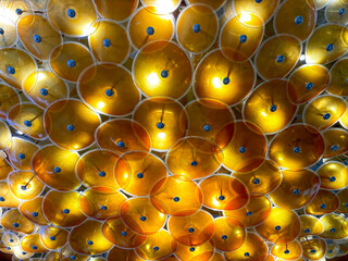 A close up of a yellow and blue light fixture