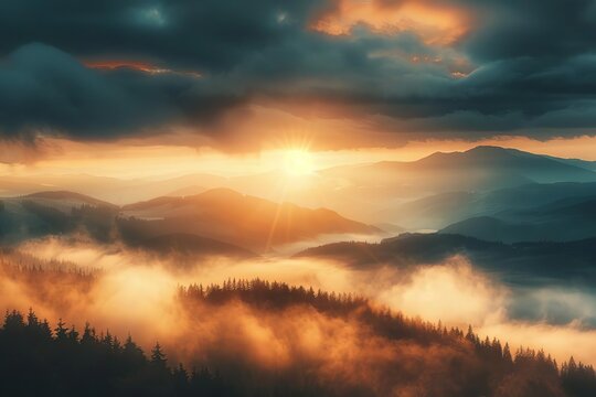 majestic sunrise over misty mountains with warm golden light and dramatic clouds landscape photography
