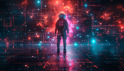 A man in a space suit with a glowing helmet stands in front of a blue background by AI generated image