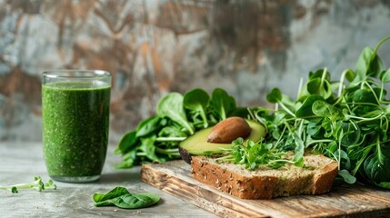 Toast with avocado and microgreens, glass with smoothie, healthy breakfast or snack, vegan nutrition, AI generated