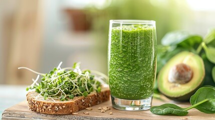 Toast with avocado and microgreens, glass with smoothie, healthy breakfast or snack, vegan nutrition, AI generated