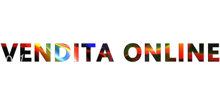 Testo 3D: "VENDITA ONLINE" multicolore che ruota con sfondo bianco 