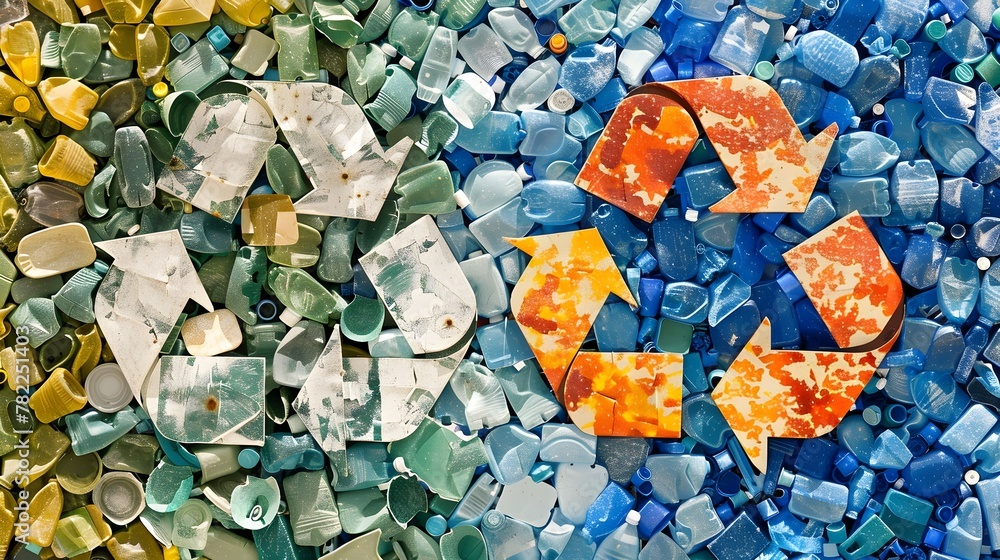 Poster multicolored recycling mosaic with three interlocking arrows constructed from recyclable materials l