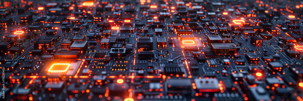 Poster high-tech processor and circuit board, digital information flow in hardware engineering, blue tech b