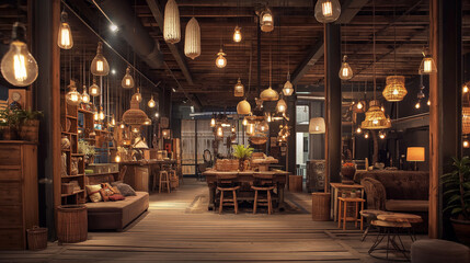 An eclectic backdrop emerges from the interplay of wooden elements and eclectic lighting fixtures, AI generated