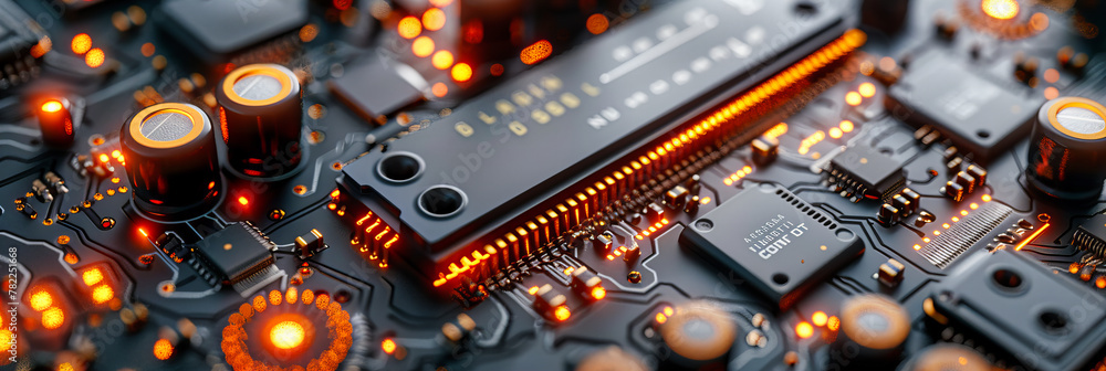 Poster high-tech processor and circuit design, blue digital computing background, electronics and engineeri