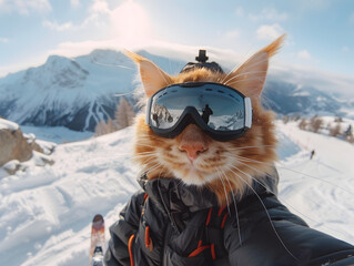 An orange cat wearing ski goggles and a black jacket stands on snow.