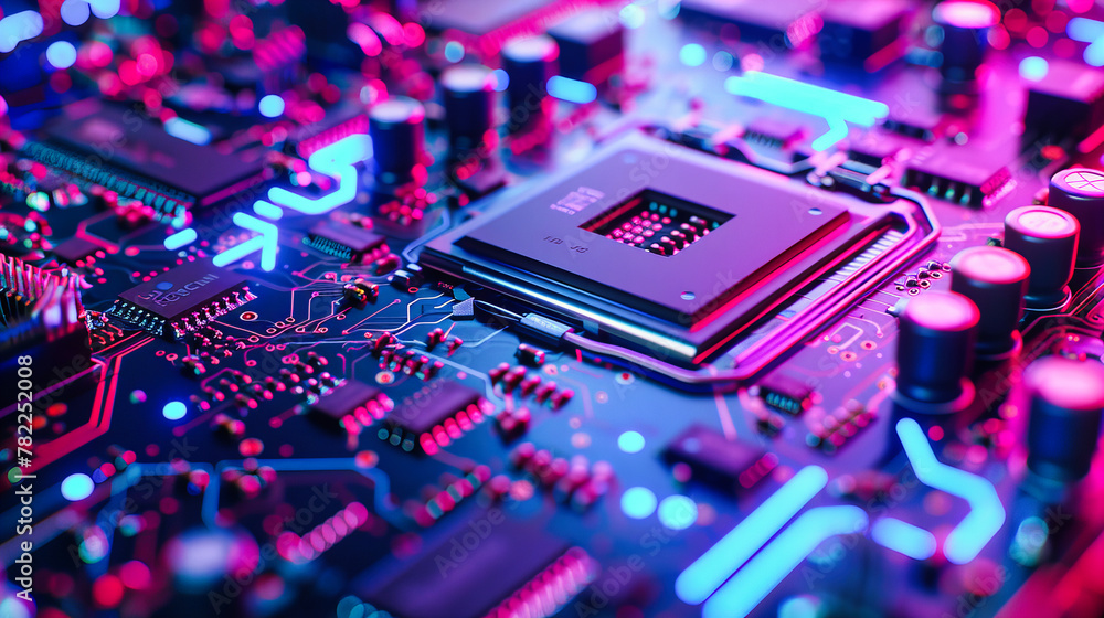 Poster high-tech processor and microchip on motherboard, detailed view of digital communication technology