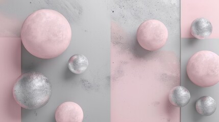 Abstract geometric background with large 3d shapes, light pastel pink and gray color backdrop with metal textured balls and copy space, AI generated image