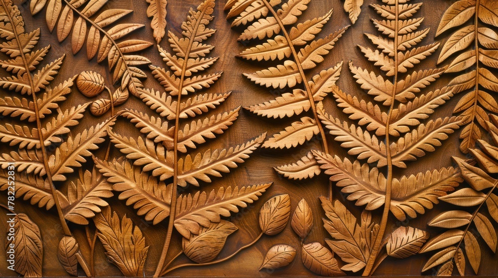 Wall mural abstract floral carving background with wooden texture, carved forest fern leaves, botanical hand ma