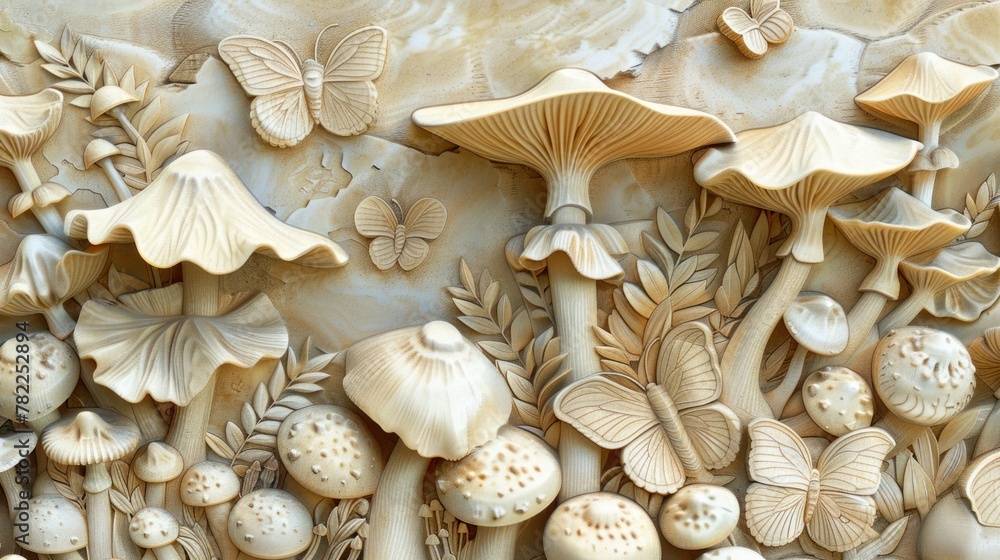 Wall mural wooden carving forest background with carved detailed elegant mushrooms and flowers, craft hand made