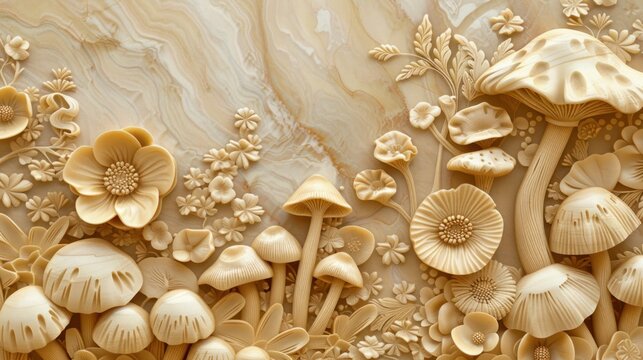Wooden carving forest background with carved detailed elegant mushrooms and flowers, craft hand made texture, natural eco color palette, AI generated