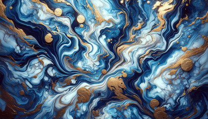 Abstract blue marble texture with gold splashes luxury background.