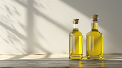 Two elegant olive oil bottles on a wooden table. The bottles are made of clear glass and have a simple design.
