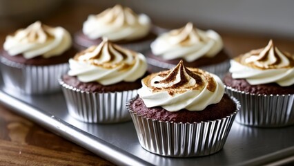  Deliciously indulgent chocolate cupcakes with swirls of cream and chocolate shavings