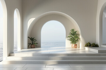Fototapeta premium Clean white background with a minimalist design, featuring an open area in the center for customization. A building with arches and steps overlooking the ocean