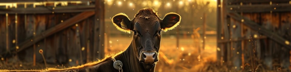 A cow with a neon bell around its neck, chiming melodically in the evening breeze, lighting up the barn area - obrazy, fototapety, plakaty