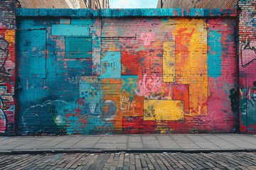 Graffiti on a street wall with empty space in the center for text about urban culture or music .Vibrant graffiti adorns a brick wall, adding color to the urban landscape