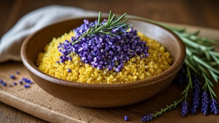 Obraz na płótnie Canvas Aromatic herbs and lavender in a rustic bowl