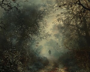 A mysterious portrayal of a misty path in Sherwood, with Robin Hood's figure just visible in the distance