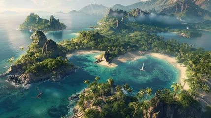 Fototapete Rund A lush tropical island in a video game, with sandy beaches and exotic wildlife, © Amer