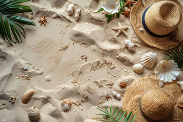 White sand background with copy space with small amount of travel and sea accesories only at the...