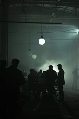 A secretive mafia gathering in an abandoned warehouse, only their silhouettes visible under a single hanging light bulb - obrazy, fototapety, plakaty