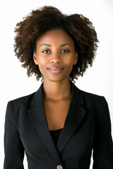 Portrait of confident and successful black businesswoman wearing black formal outfit stands in front of white background.