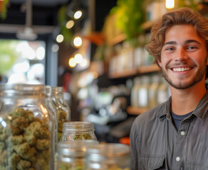 Smiling man worker of medical cannabis store. Employee of dispensary.