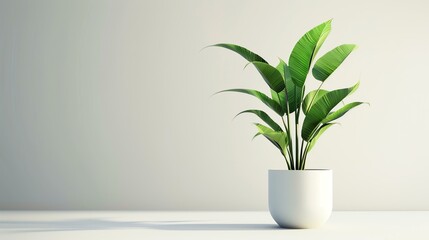 A beautiful potted plant sits in front of a solid neutral background. The plant has long, arching leaves that are a deep green color.