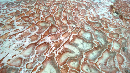  waves on stones covered with minerals and calcium, background, Pamukkale, Turkey