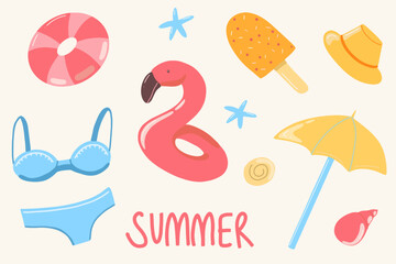 Set cute summer holiday beach elements. Hello summer Cartoon vector 