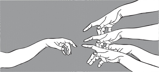 The creation of Adam concept inspiration, as a graphic design paint brush work. Vector Illustration vintage style design. Hands reaching out for touch in line drawing.