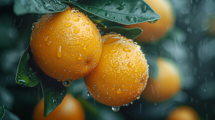 "Rain-Kissed Oranges in Grove"
Glistening raindrops bead on vibrant oranges, a nourishing shower amidst the dark leaves of a grove.