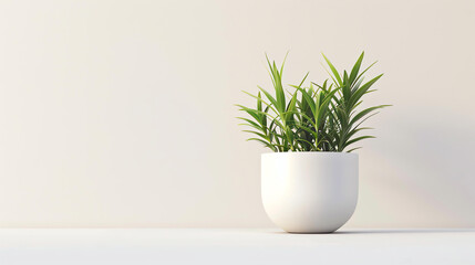 A beautiful minimalist photo of a green plant in a white pot on a white table against a beige background.