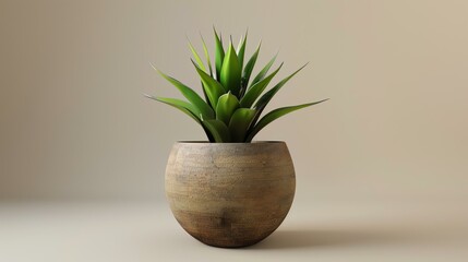 This is a 3D rendering of a green plant in a brown flower pot. The plant has long, thin leaves and the pot is made of ceramic.