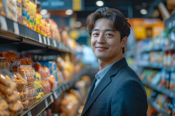 Successful businessman owner of supermarket in asian country. Handsome asian man retail customer in grocery store.