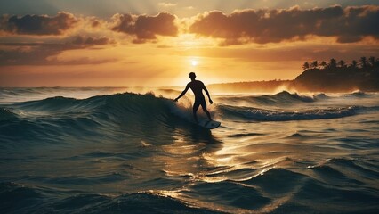 Fototapeta premium A silhouette of an athletic young male surfer riding on a surfboard in ocean waves on sunset. Dramatic active man surfing sports photography illustration concept.