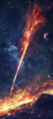 Close-up of a dazzling meteor streaking across a starry sky, with a detailed fiery tail and a backdrop of constellations, capturing the moment's beauty