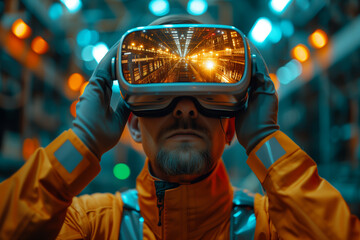 Men wearing VR headset have images of factory scenery on their glasses, Futuristic technology - Generative AI