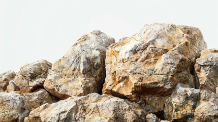 Large rough stones of light brown color with cracks and crevices isolated on white background.