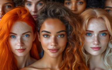 Diverse beauty models closeup group portrait. Beauty models with different colors of hair.