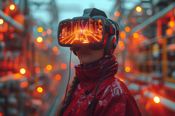 The woman wearing VR headset has a Landscape of the city in her glasses,  Futuristic technology - Generative AI