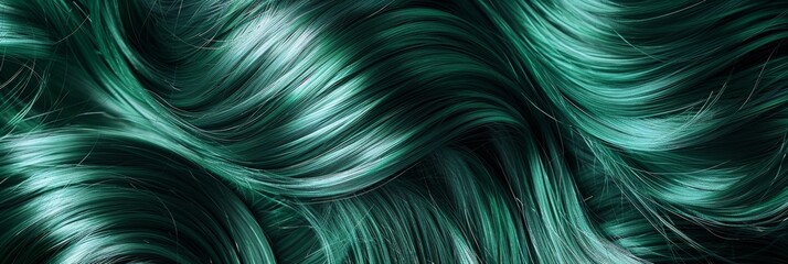 High-definition image of emerald green hair, glossy and shimmering, highlighting the unique color and detailed texture - obrazy, fototapety, plakaty