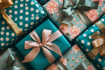 Elegant Gift Boxes: Floral Patterns, Pastel Colors, Satin Ribbons - Wrapped Presents For Weddings, Birthdays, Holidays, Mother's Day, Valentine's Day, Christmas. Elegant Holiday Background. Top View