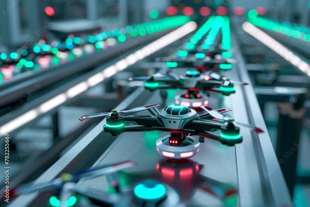 Aufkleber sleek futuristic drones on a conveyor belt in a high-tech assembly line, with robotic arms and led l