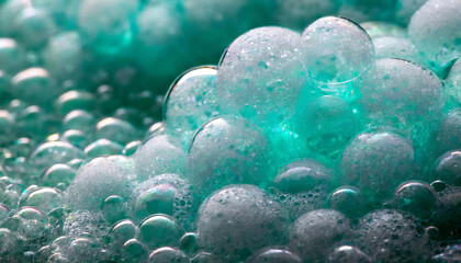 Close-up of vibrant green and blue soap bubbles with a frothy texture.