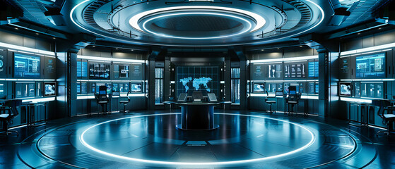 Inside a Futuristic Spaceship, Technology and Space Exploration Concept, Blue Illuminated Interior with Earth View